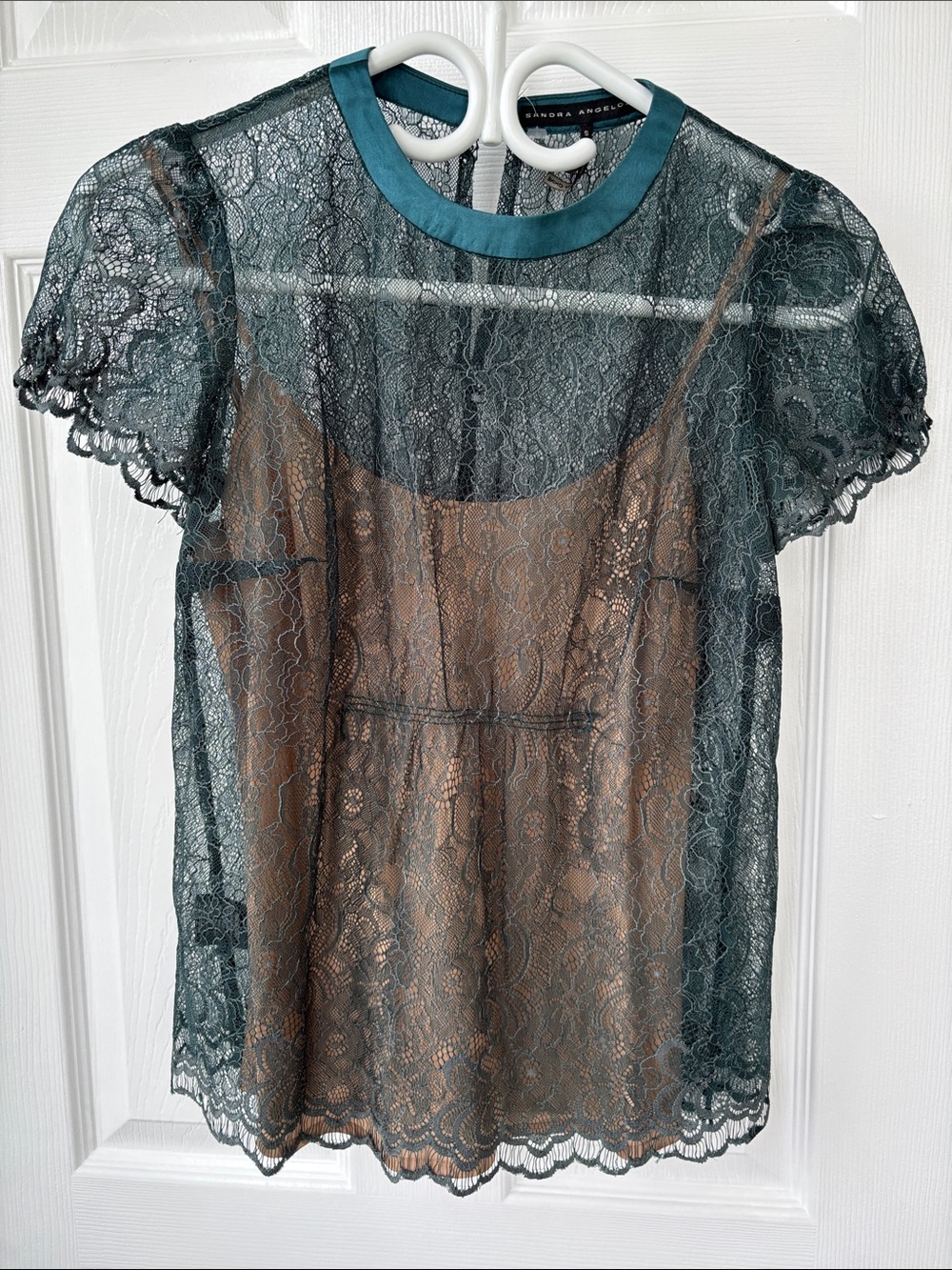 Sandra Angelozzi Dark Teal Lace Overlay Top Satin Trim whimsigoth fairy forest S